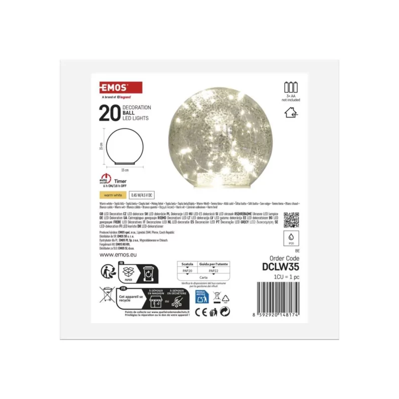 LED Ziemassvētku stikla bumba – zelta, 15 cm, 3x AA ar taimeri | Elektriķis